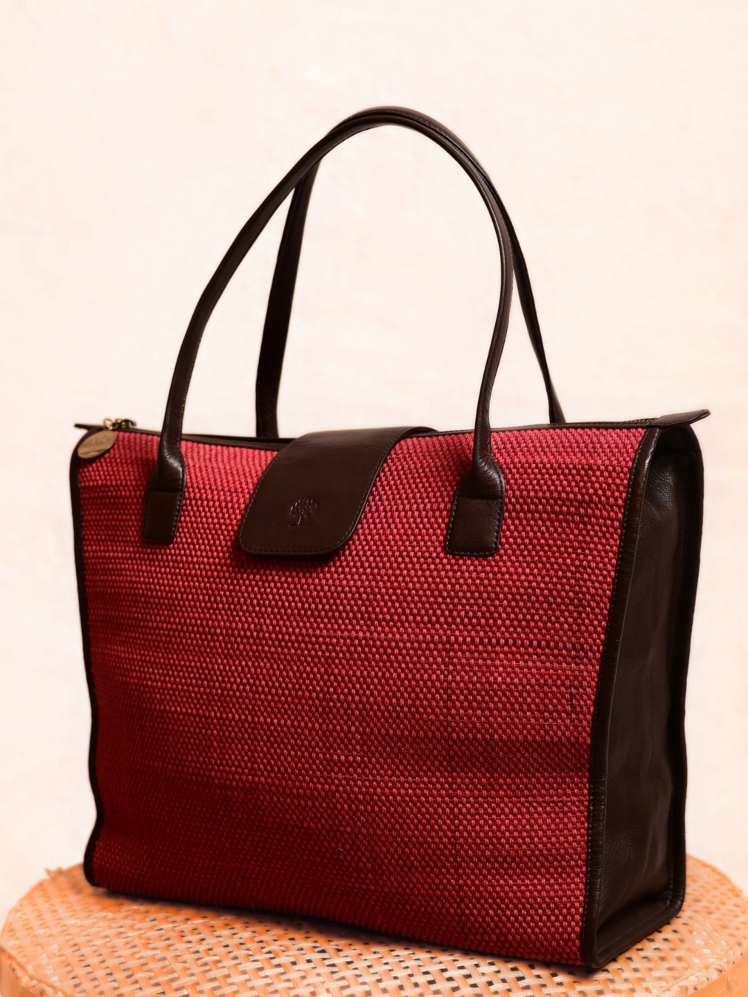 Handmade Roll-up Madurkathi Bag- Cherry Red