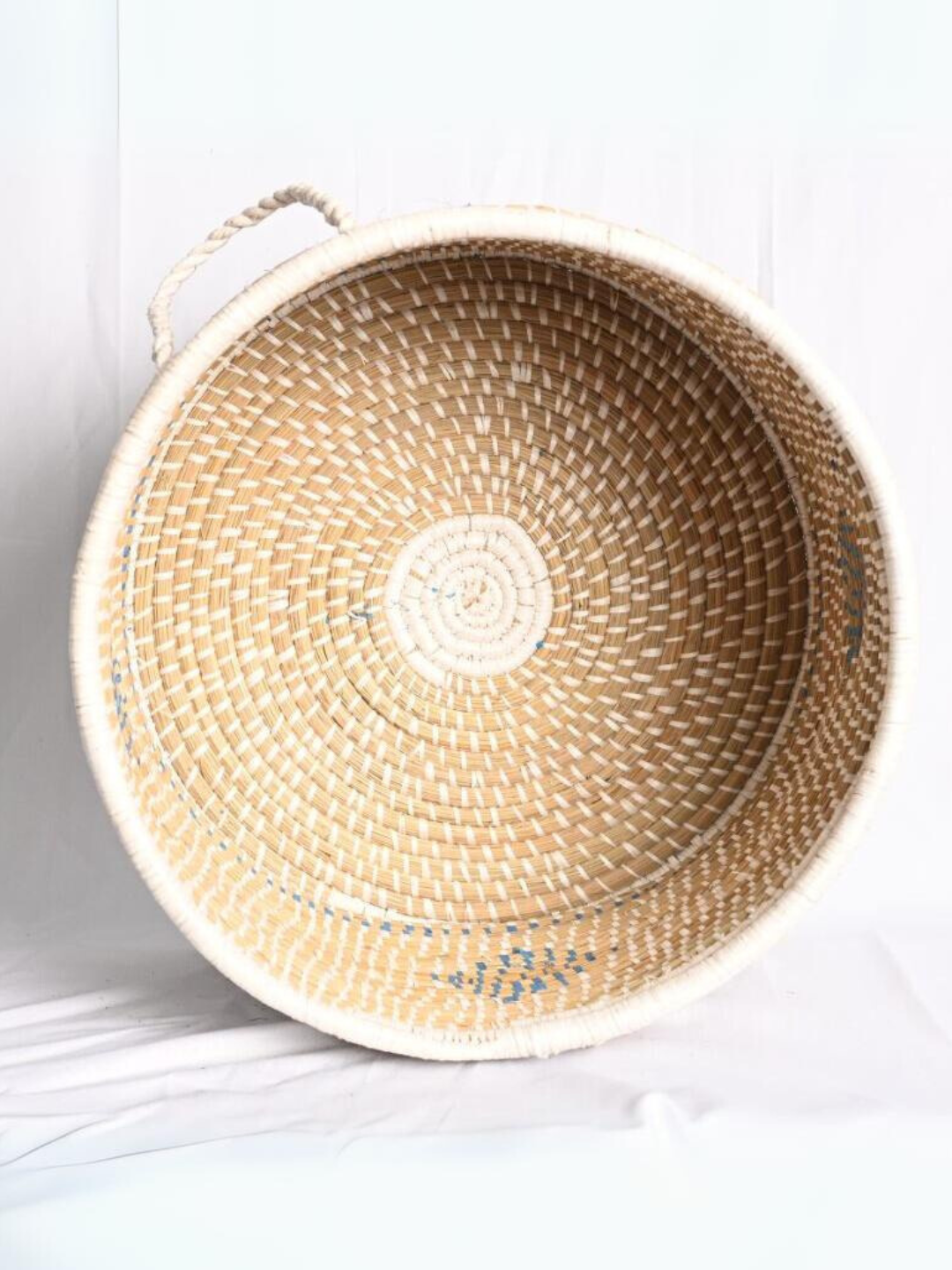 Handmade Moonj Grass Declutter Basket - White-Centre Strip