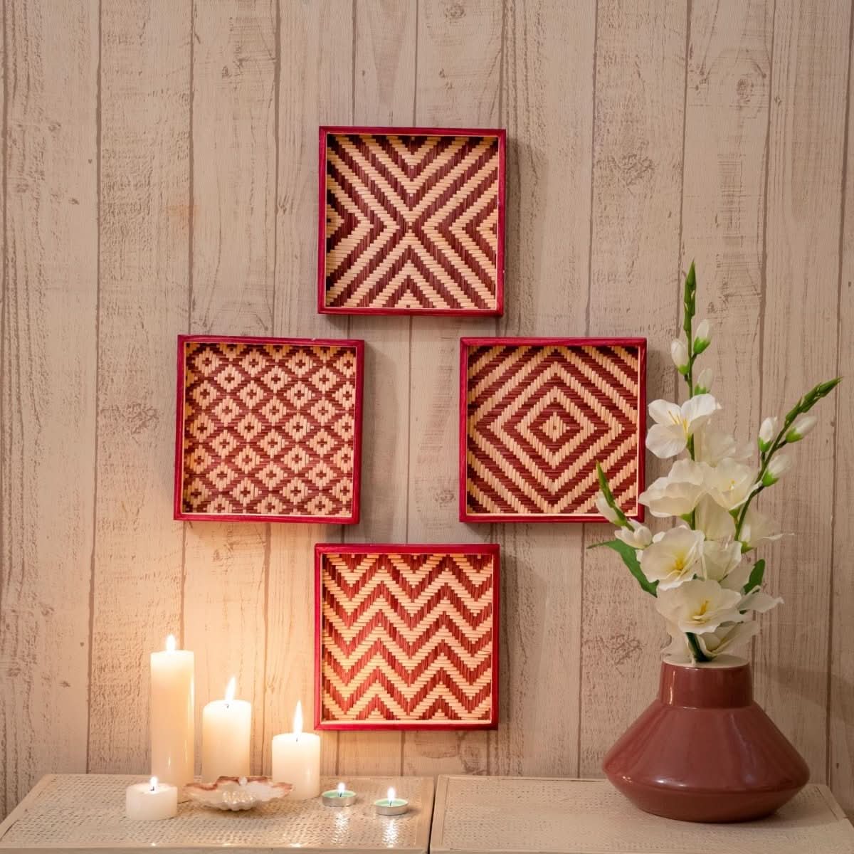 Bamboo Jamdani Wall Art Set of 4 - Kadam Haat