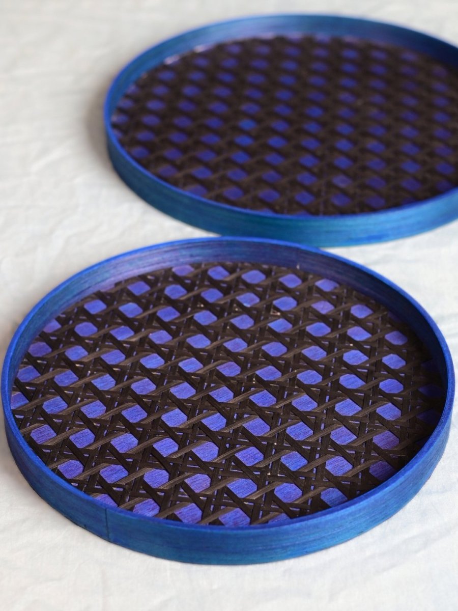 Handmade Bamboo Hive Round Tray - Blue - Kadam Haat