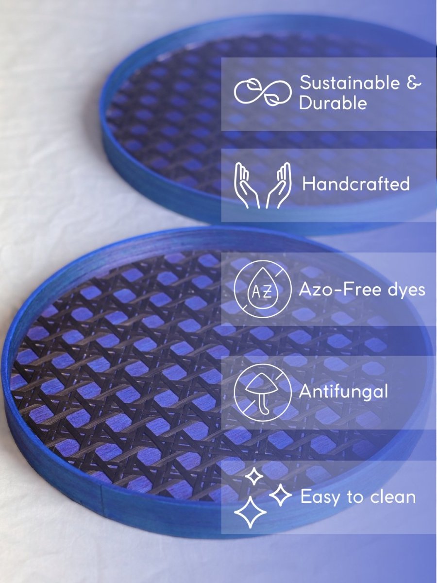 Handmade Bamboo Hive Round Tray - Blue - Kadam Haat