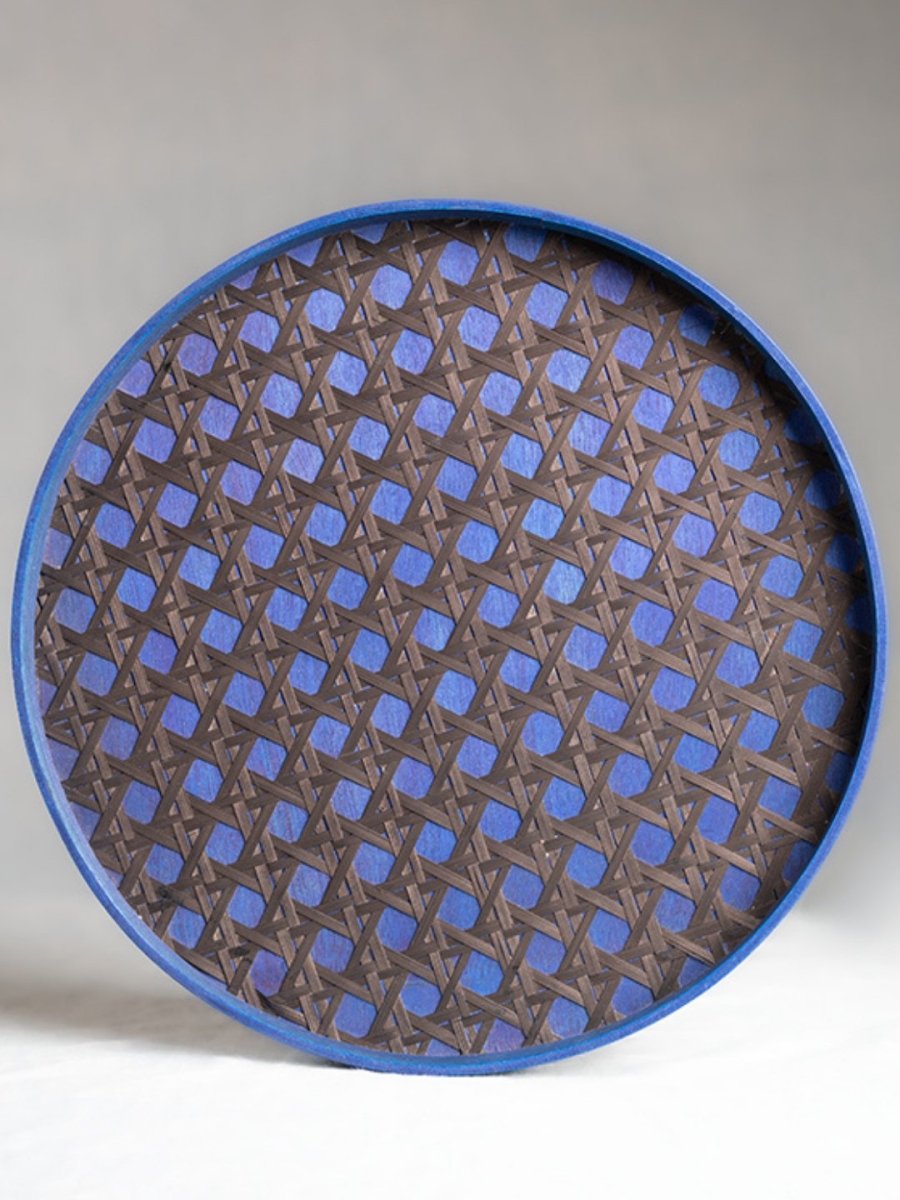 Handmade Bamboo Hive Round Tray - Blue - Kadam Haat