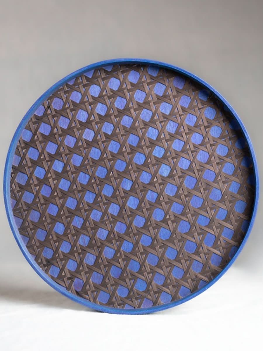 Handmade Bamboo Hive Round Tray - Blue - Kadam Haat