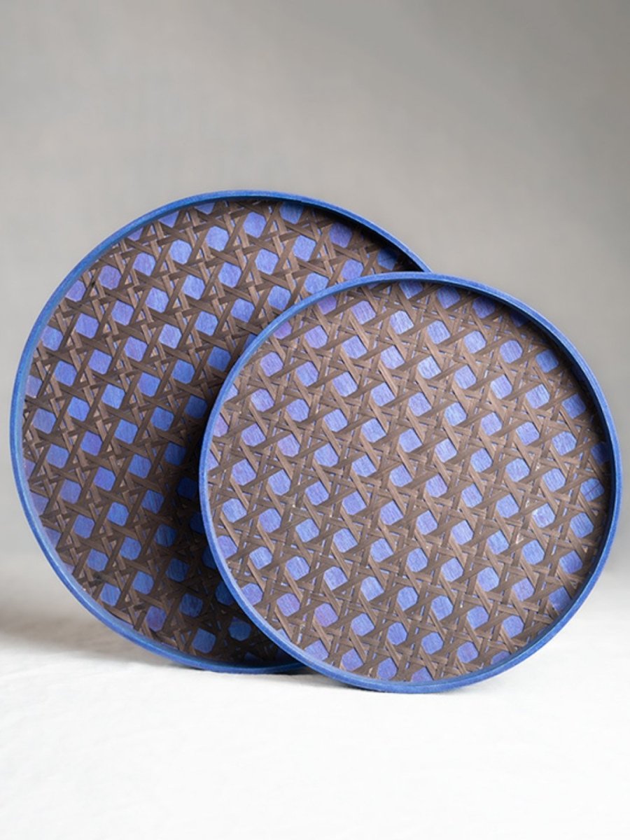 Handmade Bamboo Hive Round Tray - Blue - Kadam Haat