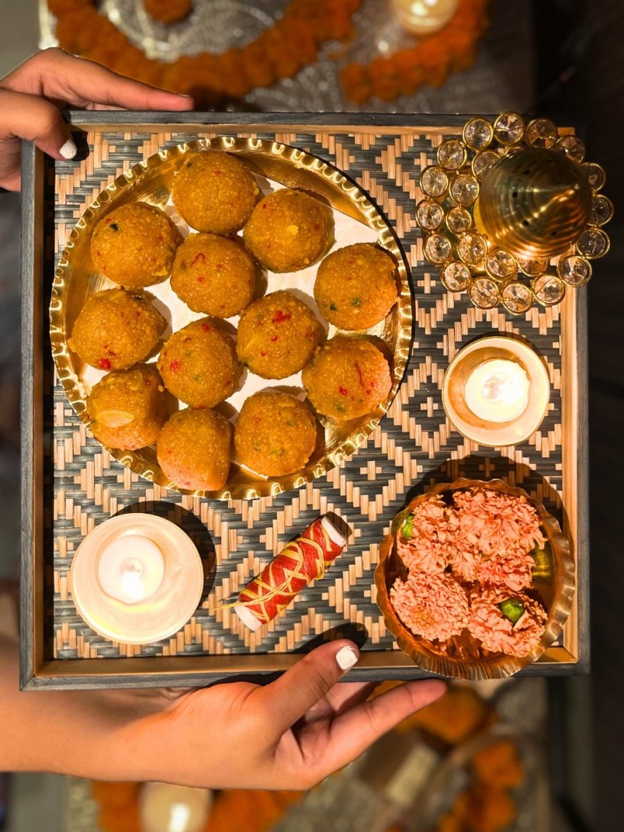 Handmade Bamboo 'Jamdani' Pooja Tray - Black - Kadam Haat