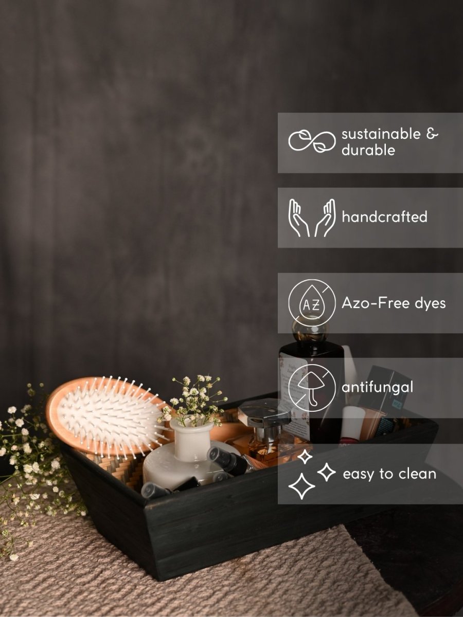 Handmade Bamboo Rectangular Basket - Black - Kadam Haat