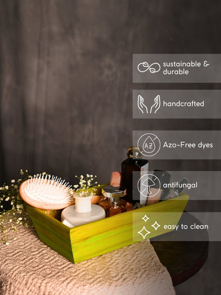 Handmade Bamboo Rectangular Basket - Green - Kadam Haat