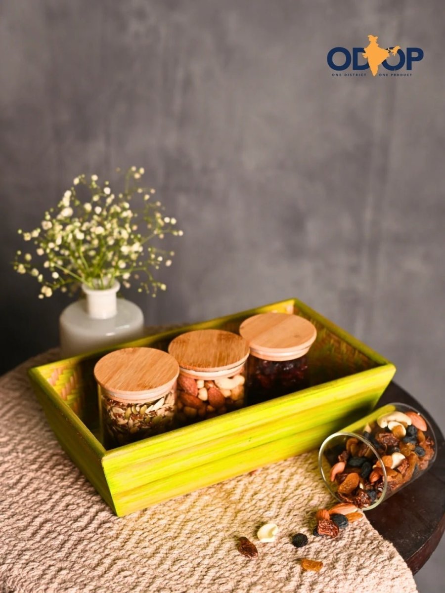 Handmade Bamboo Rectangular Basket - Green - Kadam Haat