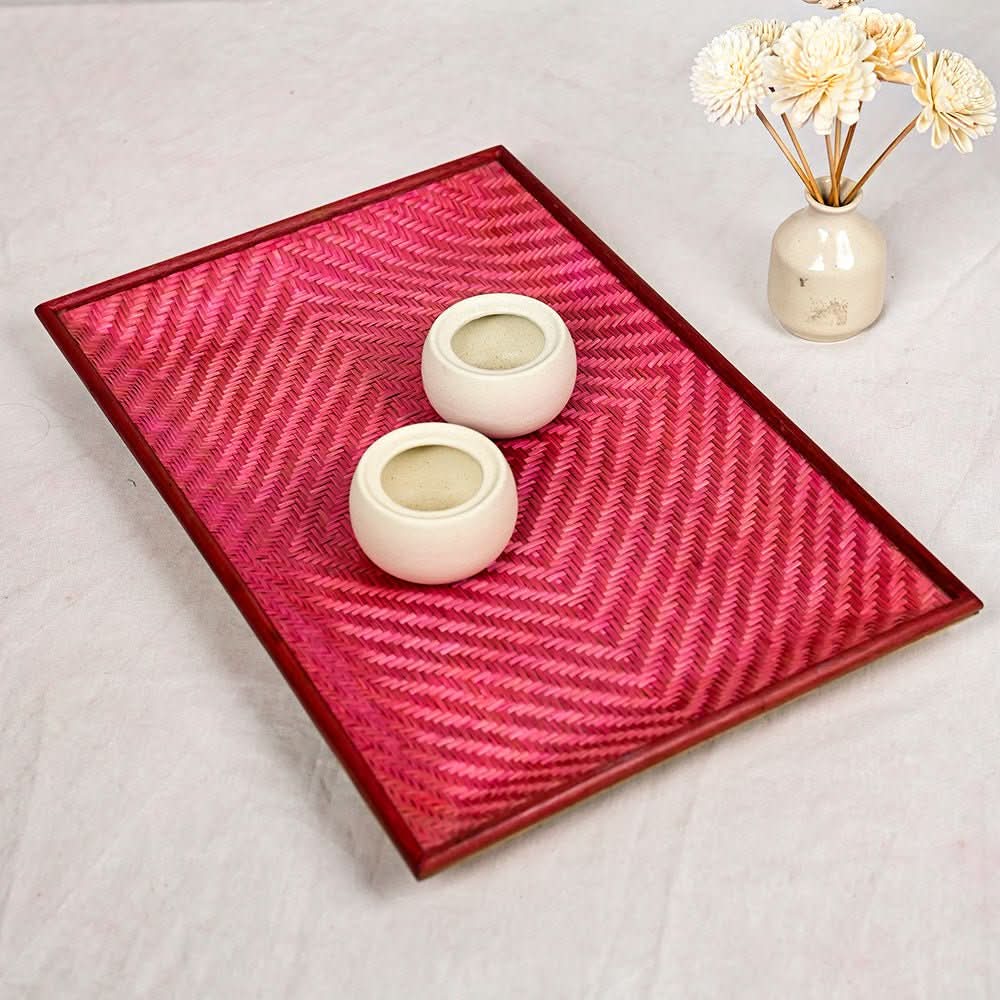 Handmade Bamboo Rectangular Serving Tray - Pink - Kadam Haat