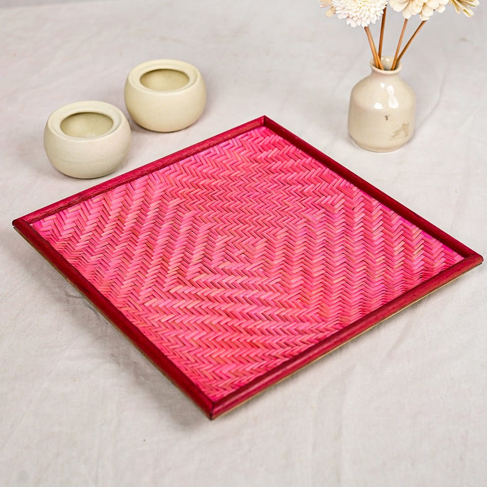 Handmade Bamboo Rectangular Serving Tray - Pink - Kadam Haat