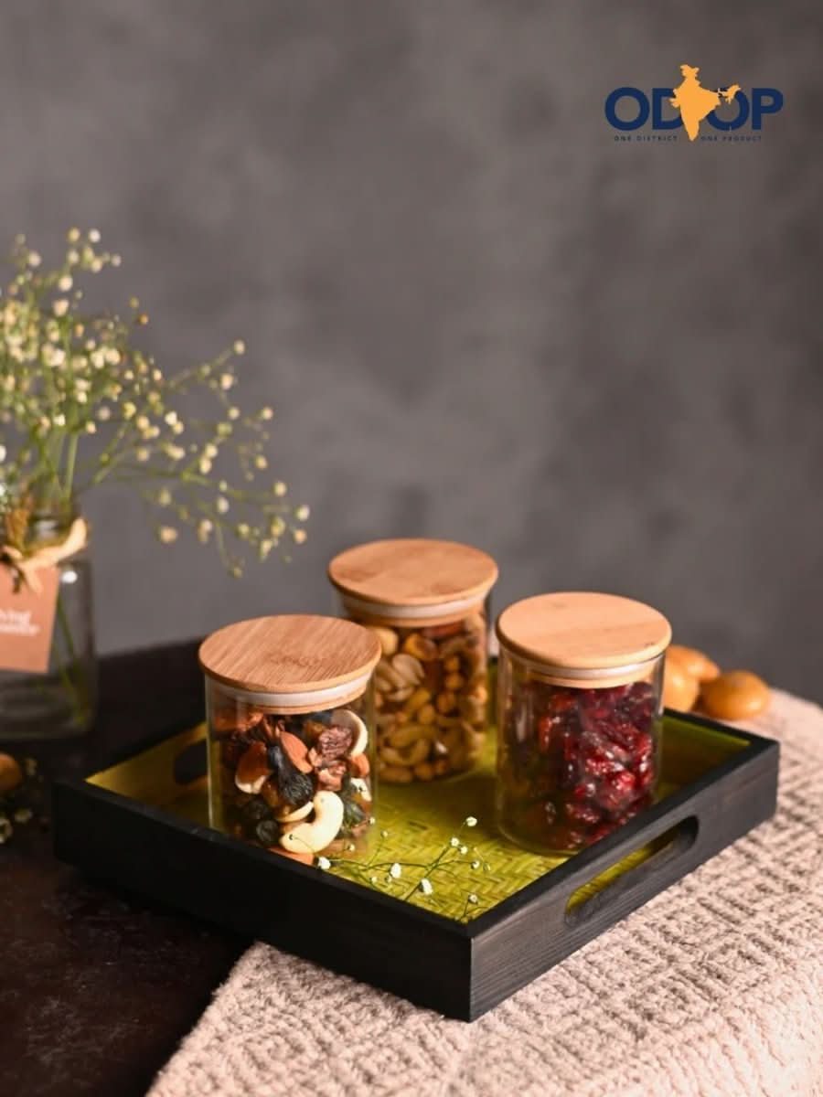 Handmade Bamboo Square Tray - Green & Black - Kadam Haat