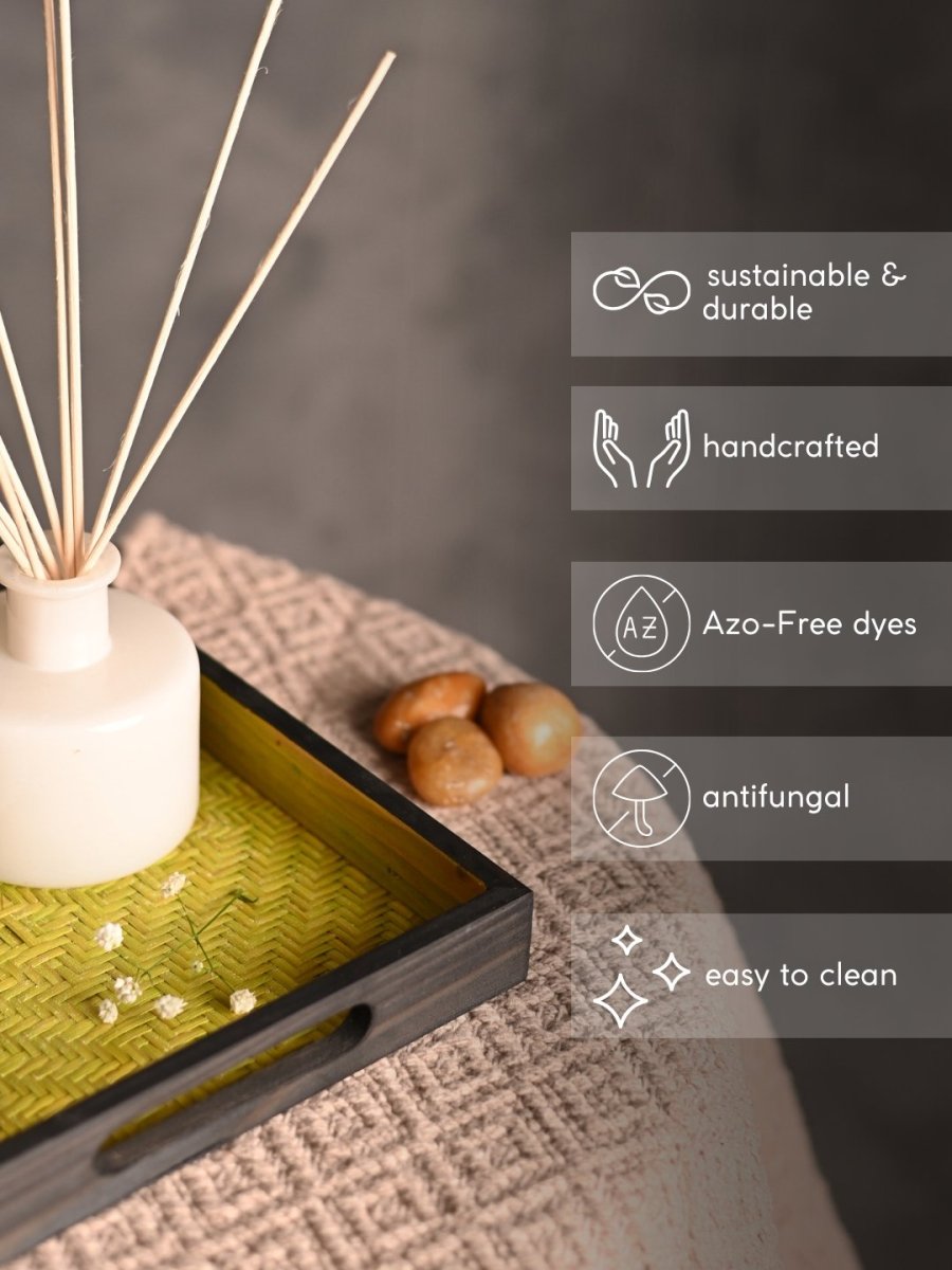 Handmade Bamboo Square Tray - Green & Black - Kadam Haat