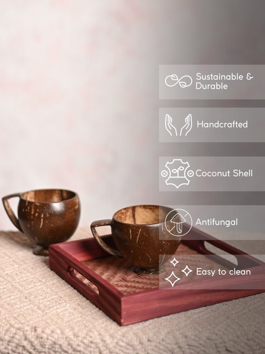 Handmade Coco Cups (Set of 2) With Square Tray - Kadam Haat