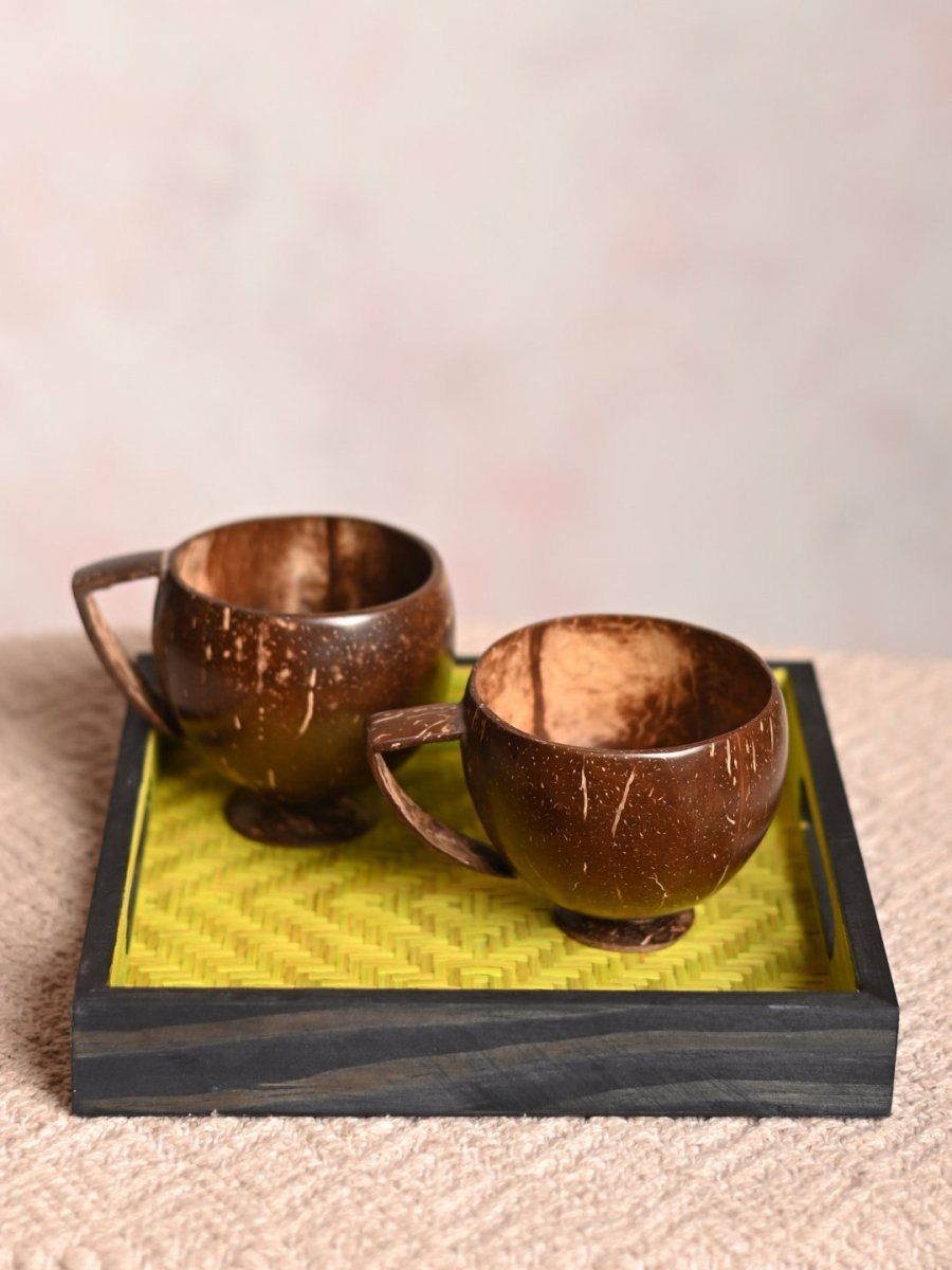 Handmade Coco Cups (Set of 2) With Square Tray - Kadam Haat