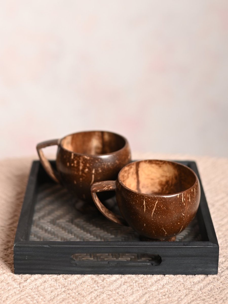 Handmade Coco Cups (Set of 2) With Square Tray - Kadam Haat