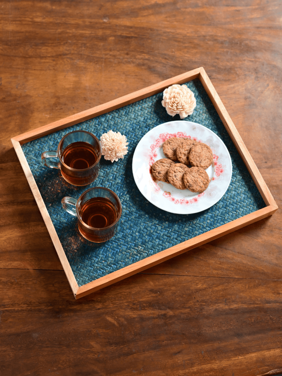 Handmade Large Ocean Blue Sitalpati Tray - Kadam Haat