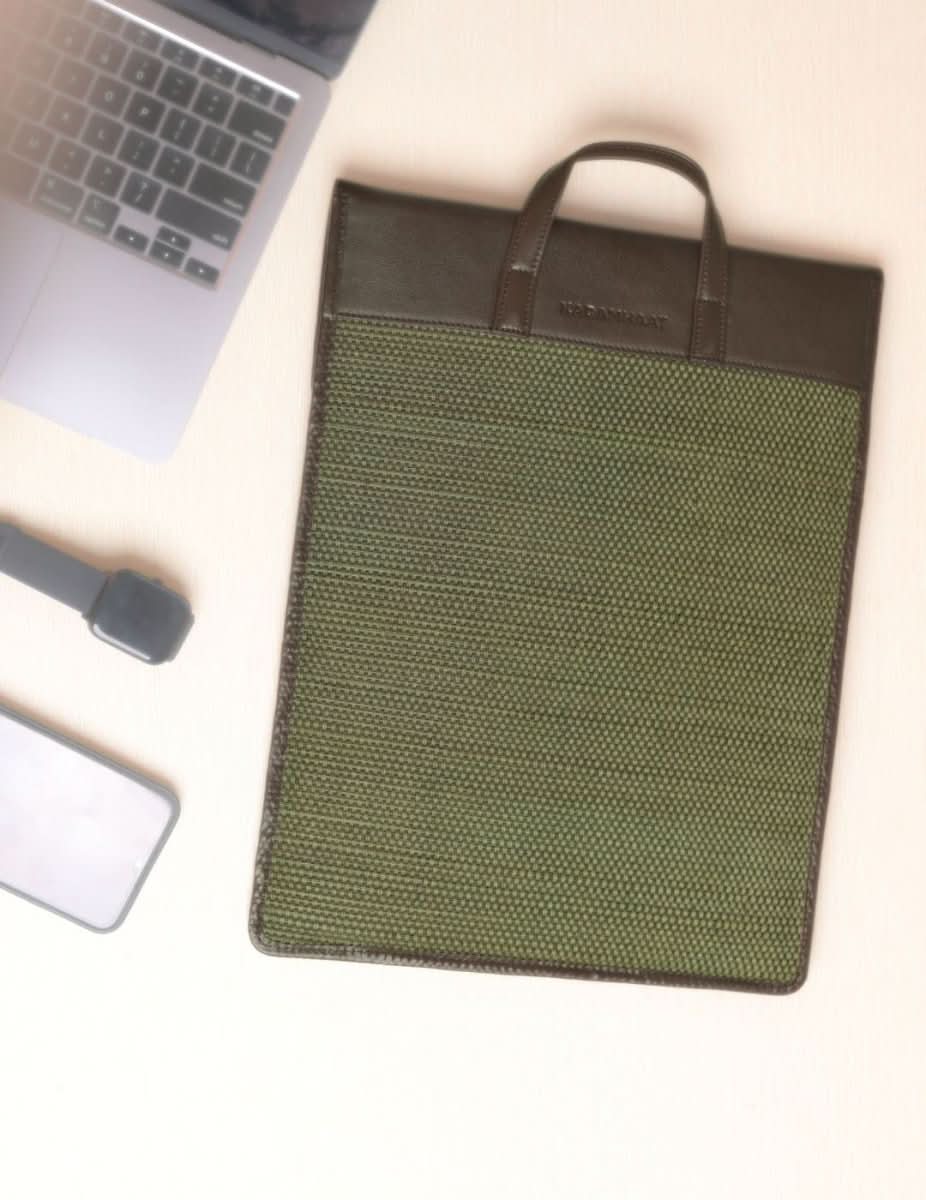 Handmade Madhurkathi laptop sleeve - 13” - Olive Green - Kadam Haat