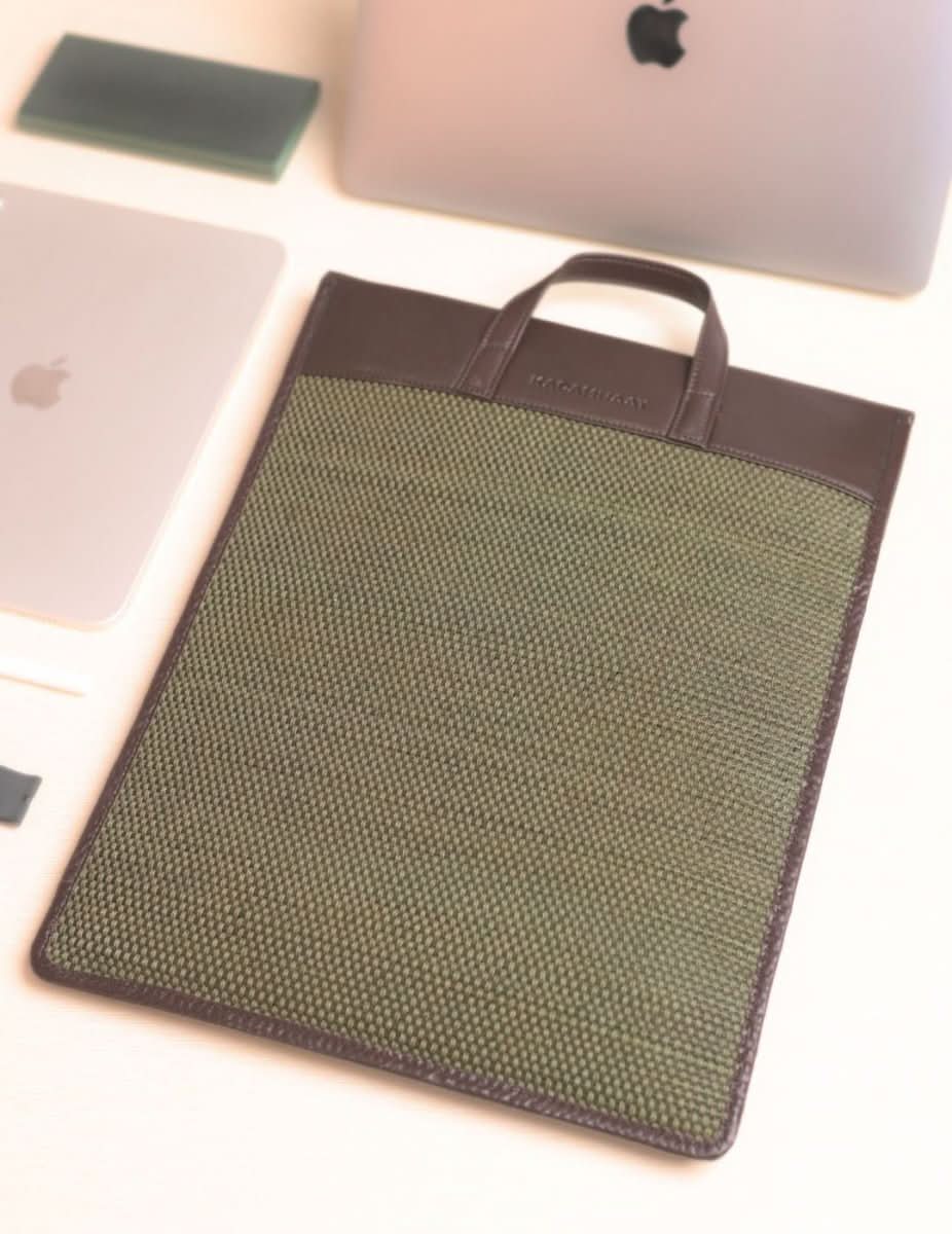 Handmade Madhurkathi laptop sleeve - 13” - Olive Green - Kadam Haat