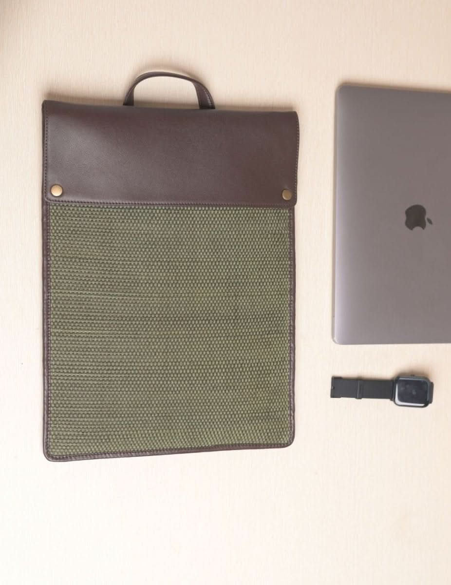 Handmade Madhurkathi laptop sleeve - 13” - Olive Green - Kadam Haat