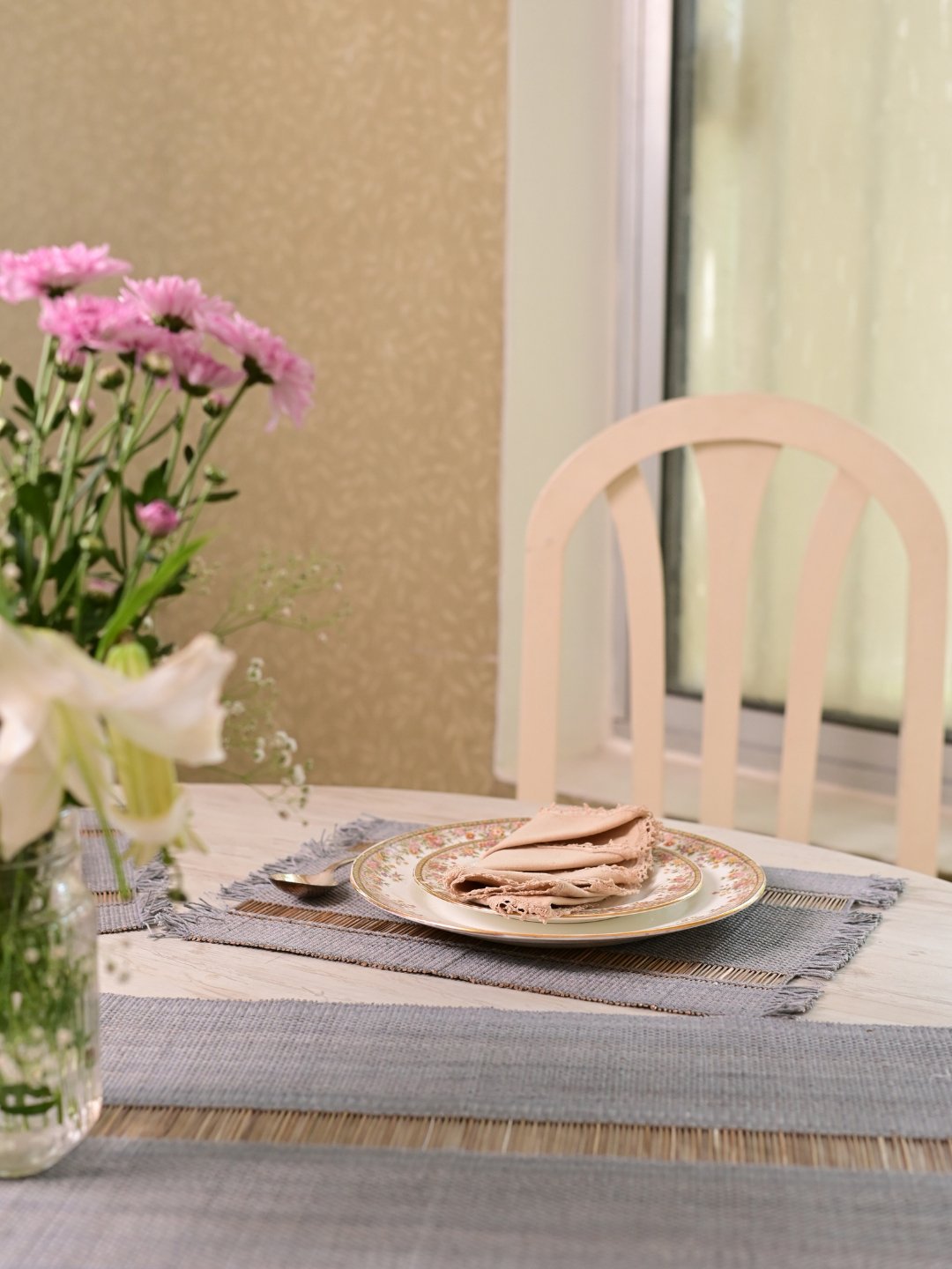 Handmade Madhurkatti Table Runner and Mat Combo - Grey - Kadam Haat