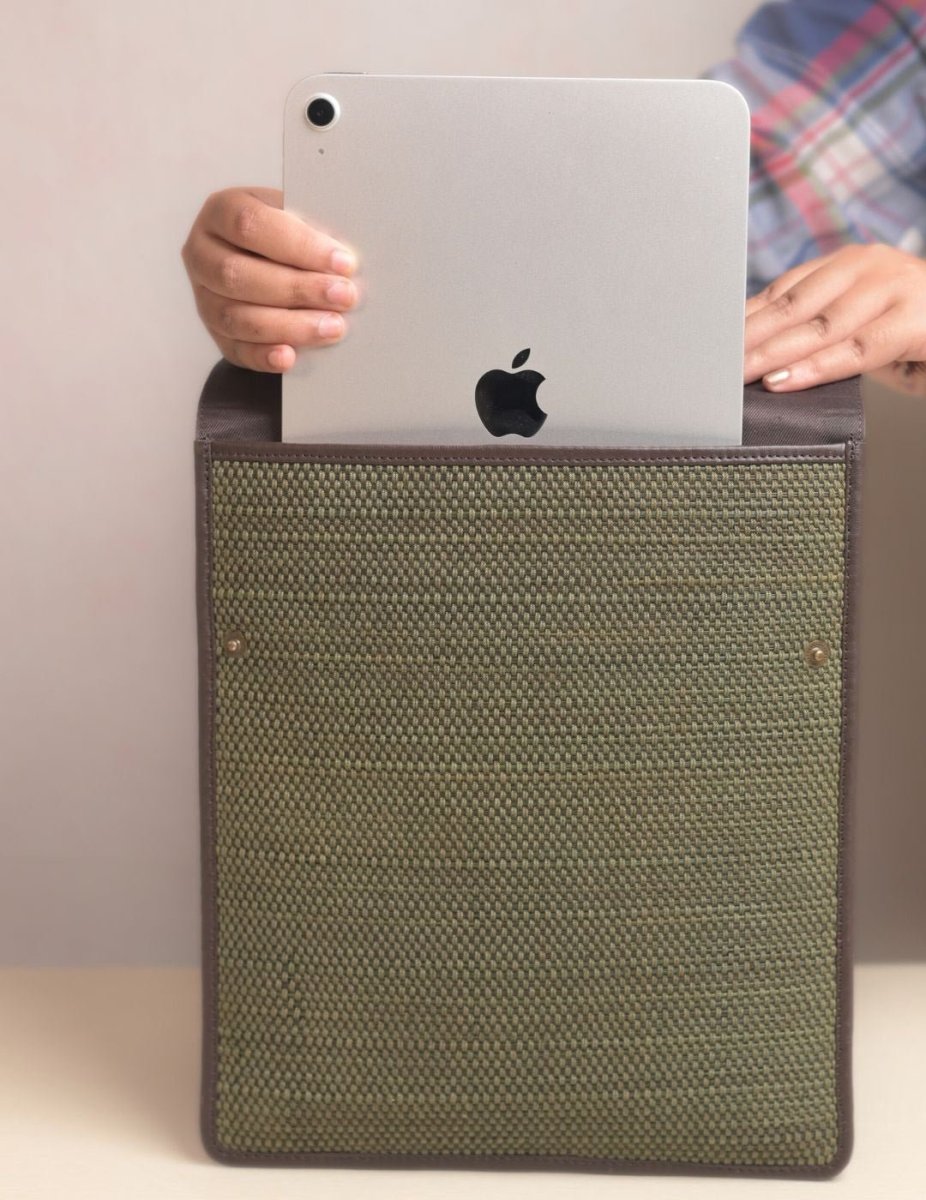 Handmade Madurkathi iPad Sleeve 11β - Olive Green - Kadam Haat