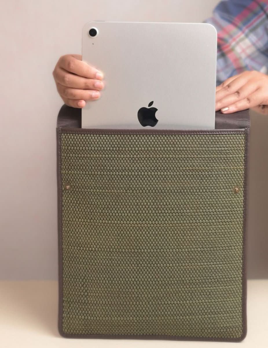 Handmade Madurkathi iPad Sleeve 11” - Olive Green - Kadam Haat