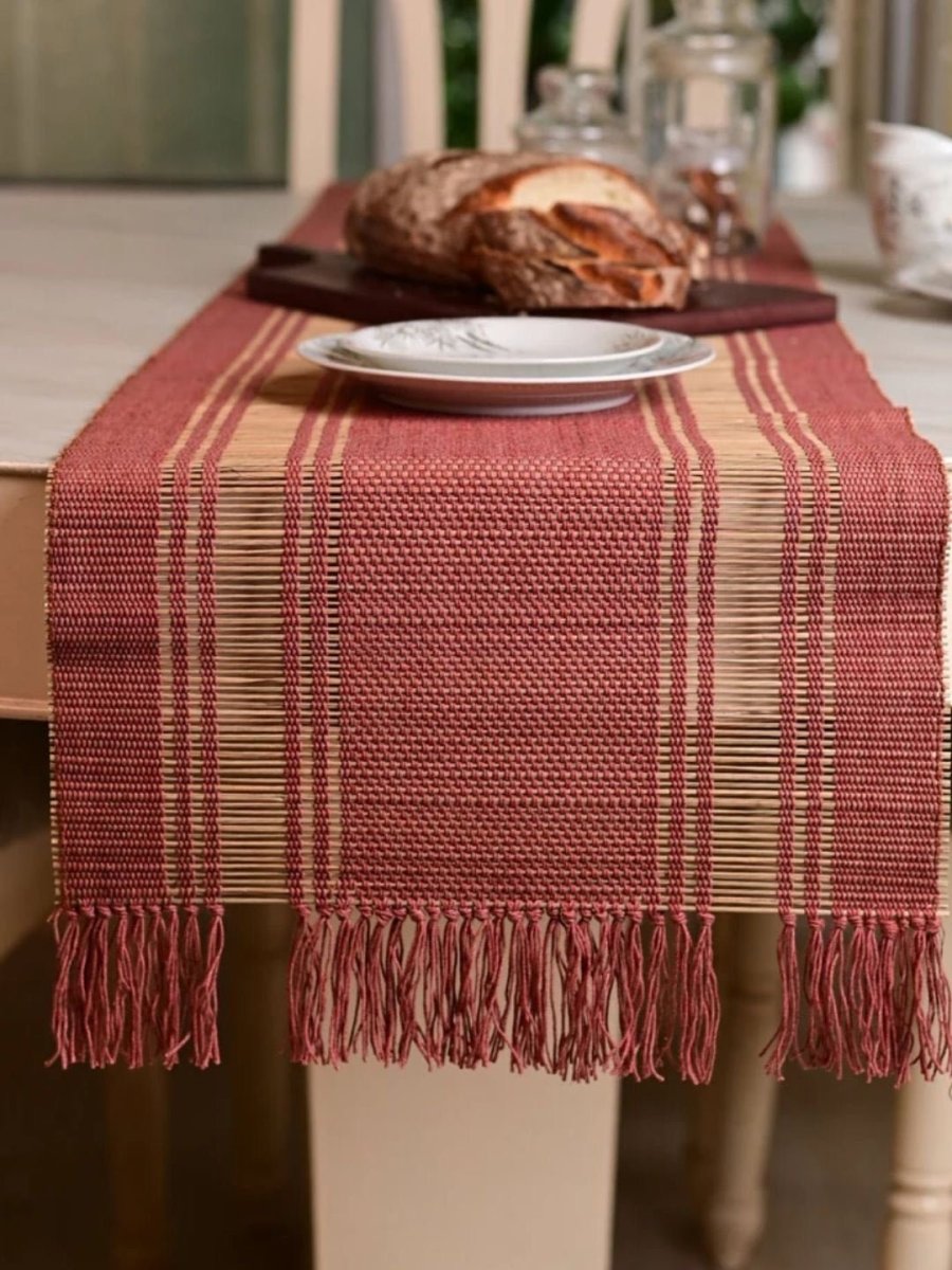 Handmade Madurkathi Table Runner and Mat Combo - Apple Red - Kadam Haat
