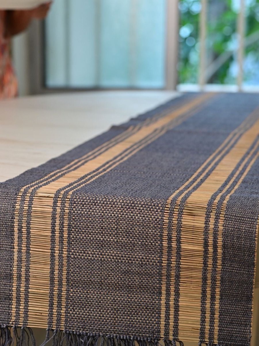Handmade Madurkathi Table Runner and Mat Combo - Blueberry - Kadam Haat