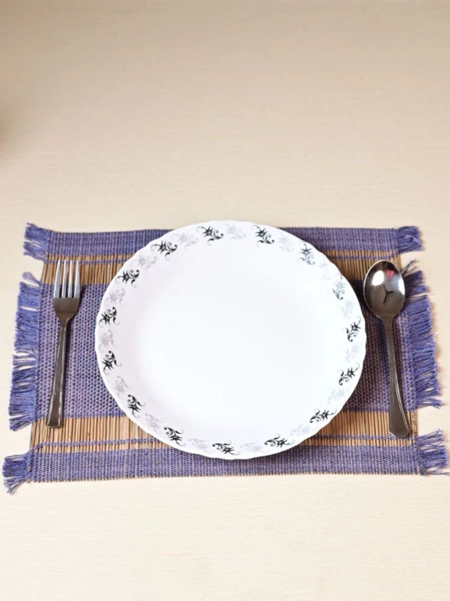 Handmade Madurkathi Table Runner and Mat Combo - Blueberry - Kadam Haat