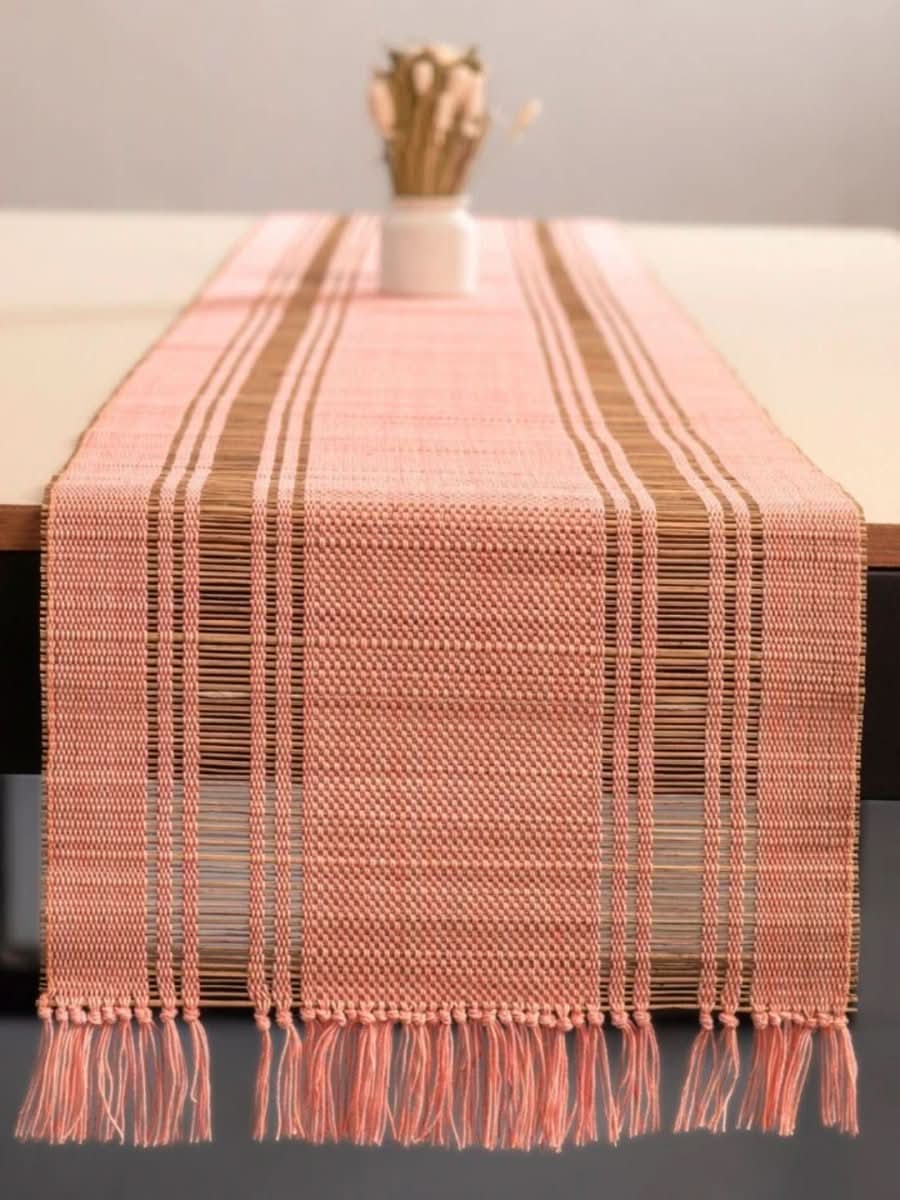Handmade Madurkathi Table Runner and Mat Combo - Blush Pink - Kadam Haat