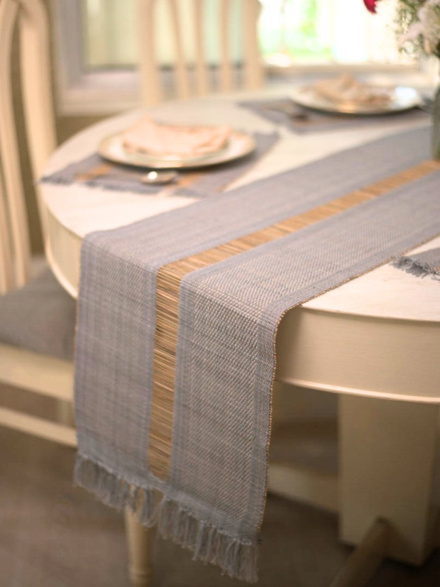 Handmade Madurkathi Table Runner and Mat Combo - Grey - Kadam Haat