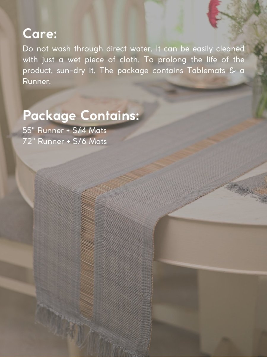 Handmade Madurkathi Table Runner and Mat Combo - Grey - Kadam Haat