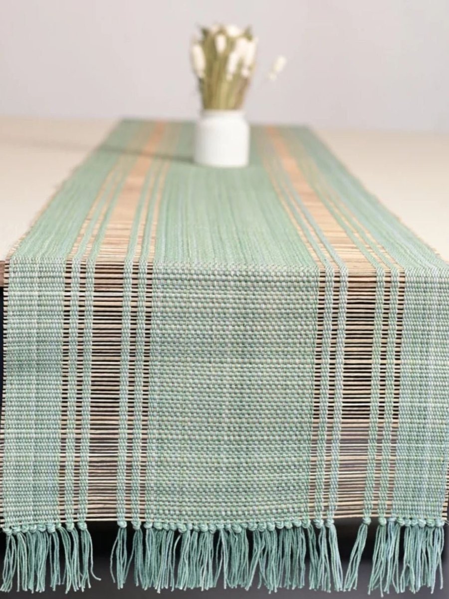 Handmade Madurkathi Table Runner and Mat Combo - Sage Green - Kadam Haat