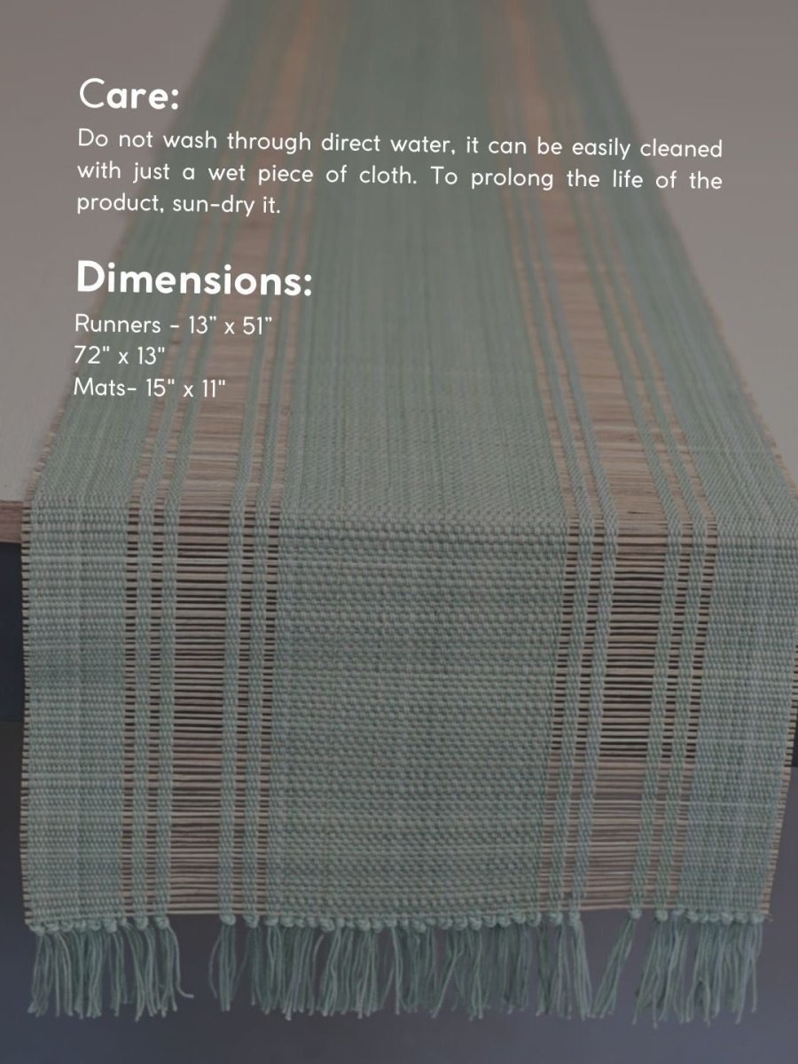 Handmade Madurkathi Table Runner and Mat Combo - Sage Green - Kadam Haat