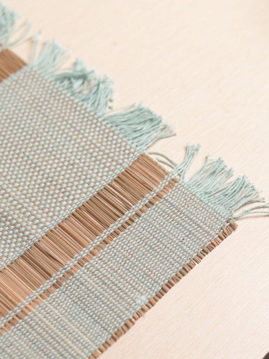 Handmade Madurkathi Table Runner and Mat Combo - Sage Green - Kadam Haat