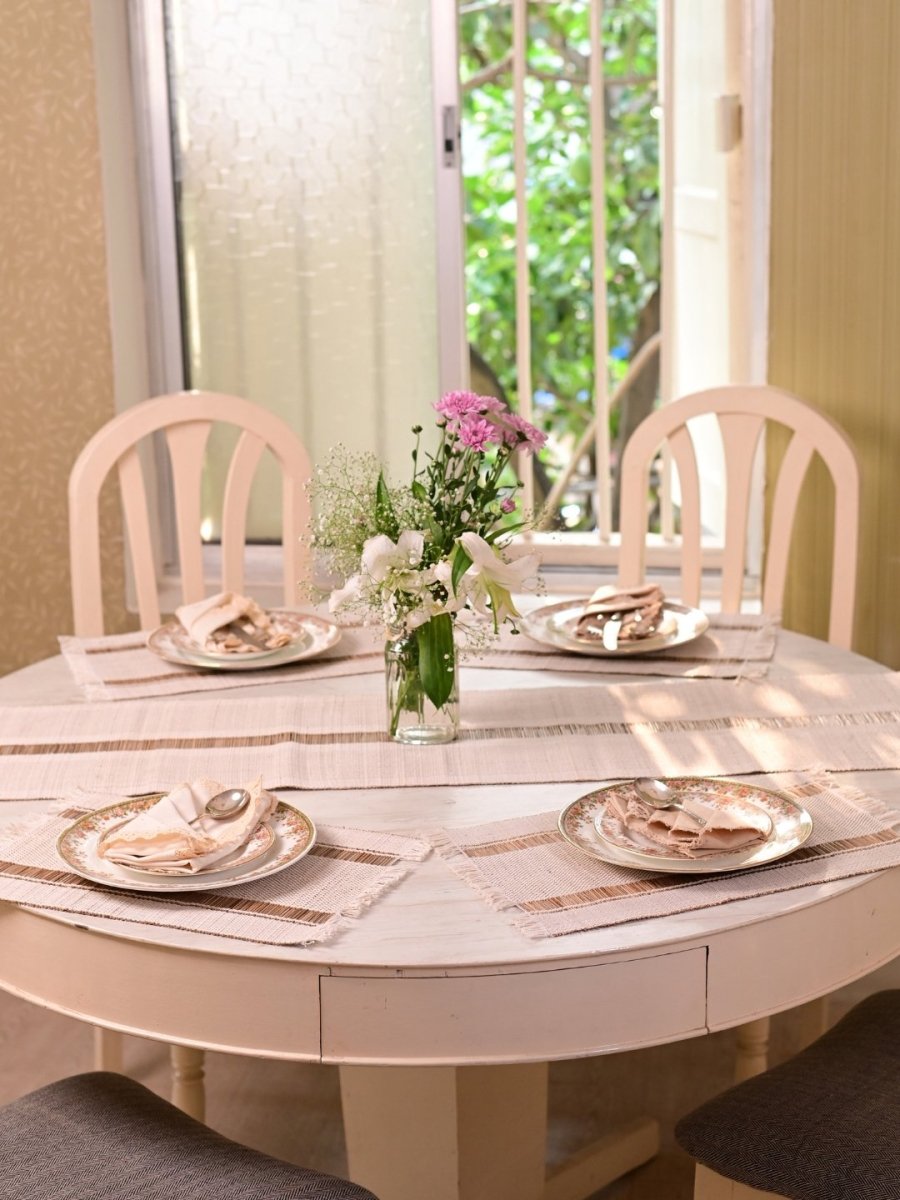 Handmade Madurkathi Table Runner and Mat Combo - White - Kadam Haat