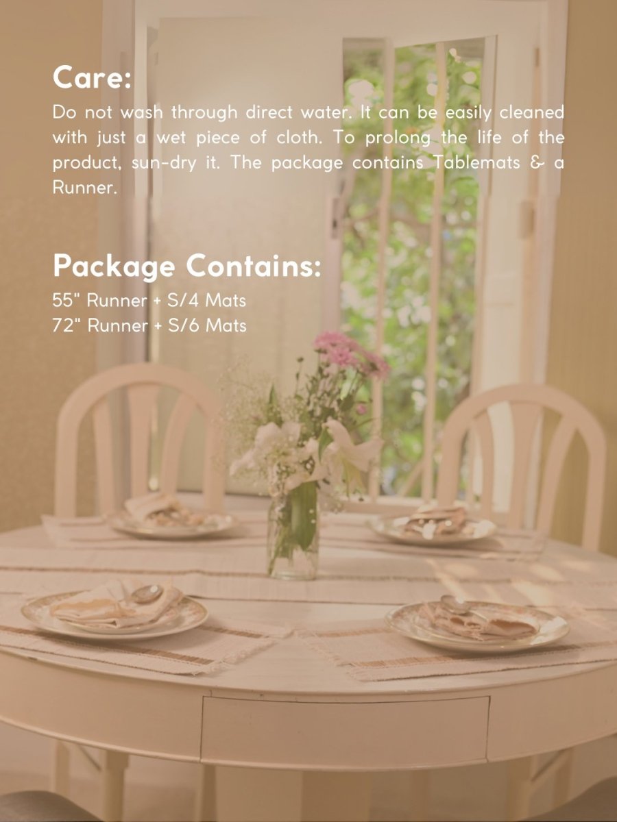 Handmade Madurkathi Table Runner and Mat Combo - White - Kadam Haat