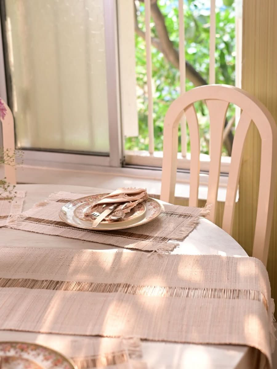 Handmade Madurkathi Table Runner and Mat Combo - White - Kadam Haat