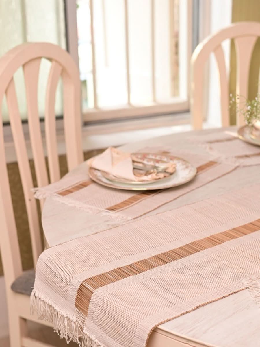 Handmade Madurkathi Table Runner and Mat Combo - White - Kadam Haat