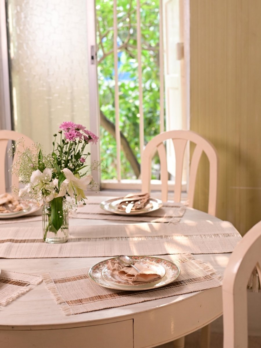 Handmade Madurkathi Table Runner and Mat Combo - White - Kadam Haat