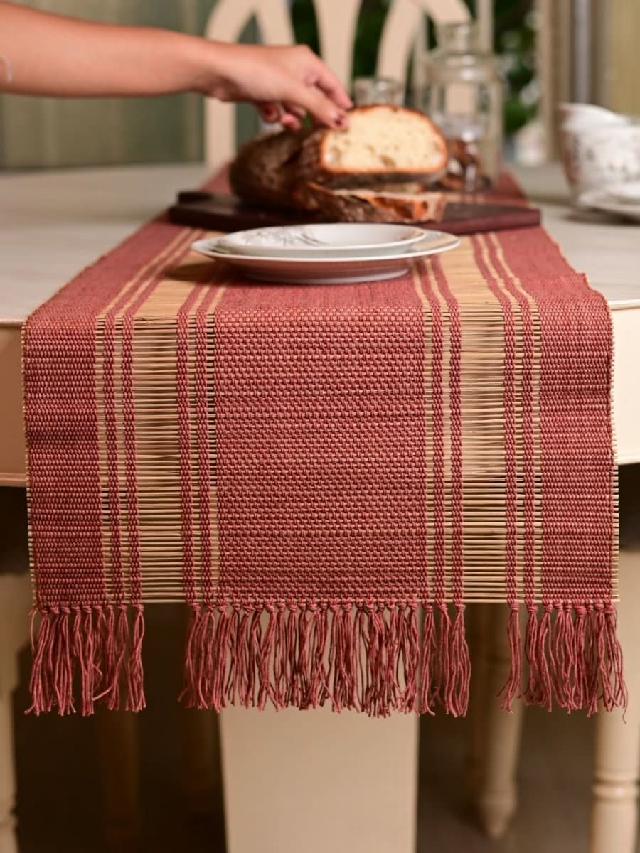 Handmade Madurkathi Table Runner - Apple Red - Kadam Haat