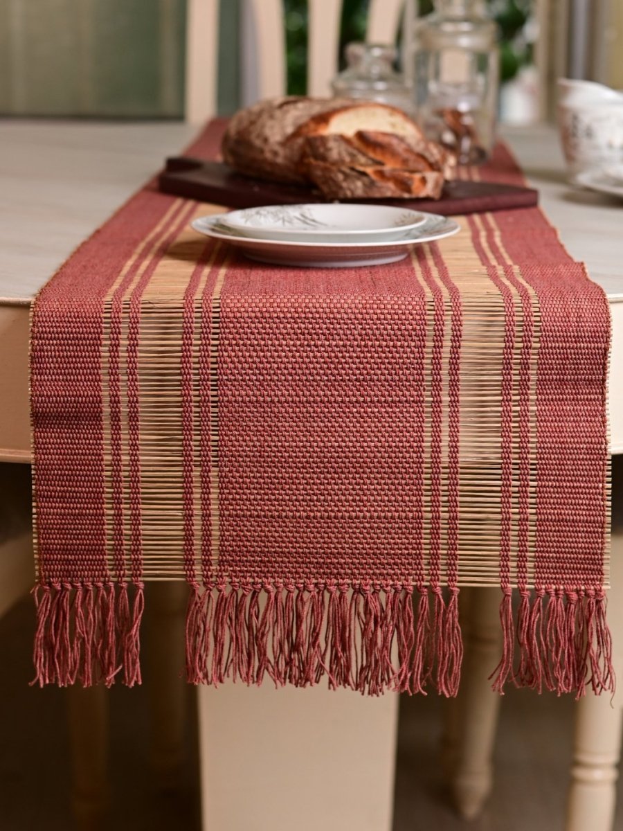 Handmade Madurkathi Table Runner - Apple Red - Kadam Haat