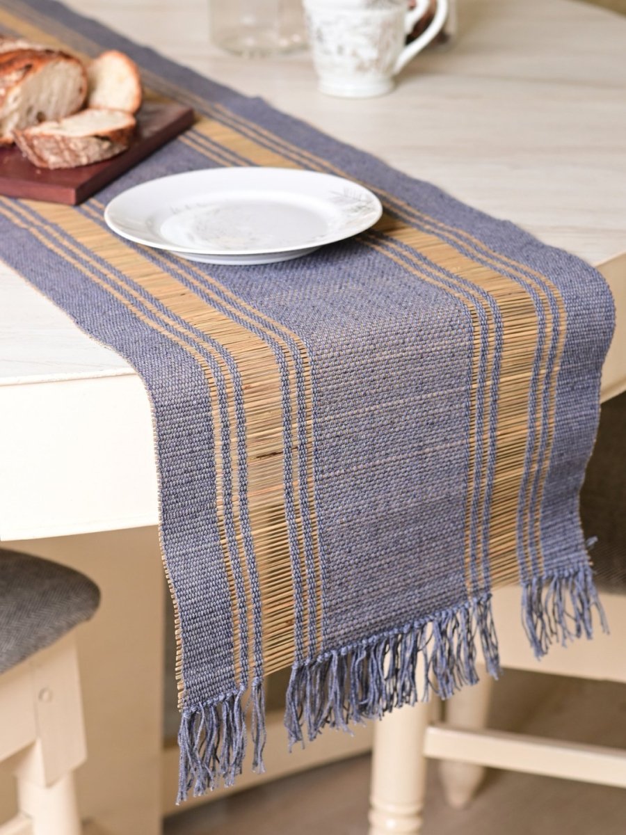 Handmade Madurkathi Table Runner - Blue Berry - Kadam Haat