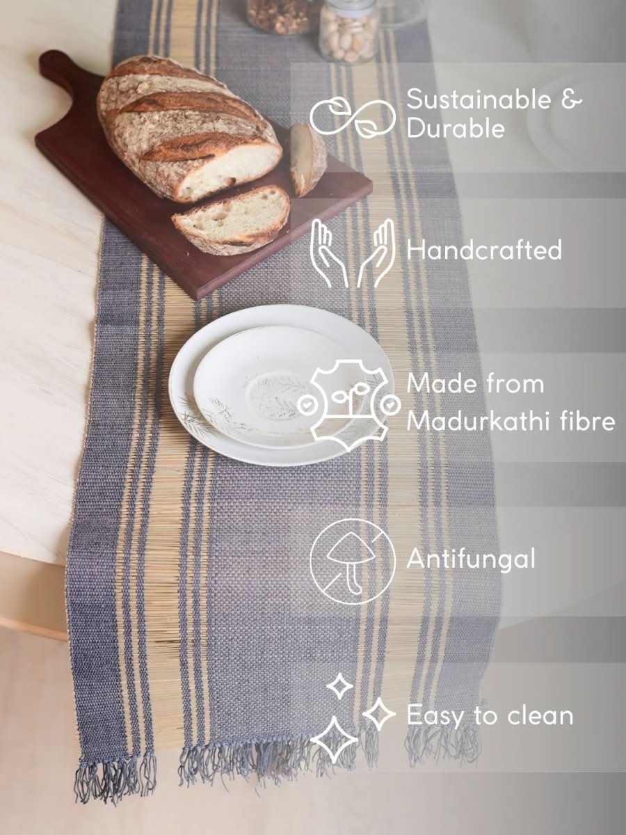 Handmade Madurkathi Table Runner - Blue Berry - Kadam Haat
