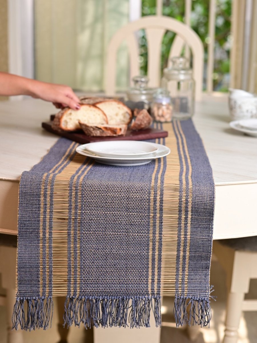 Handmade Madurkathi Table Runner - Blue Berry - Kadam Haat