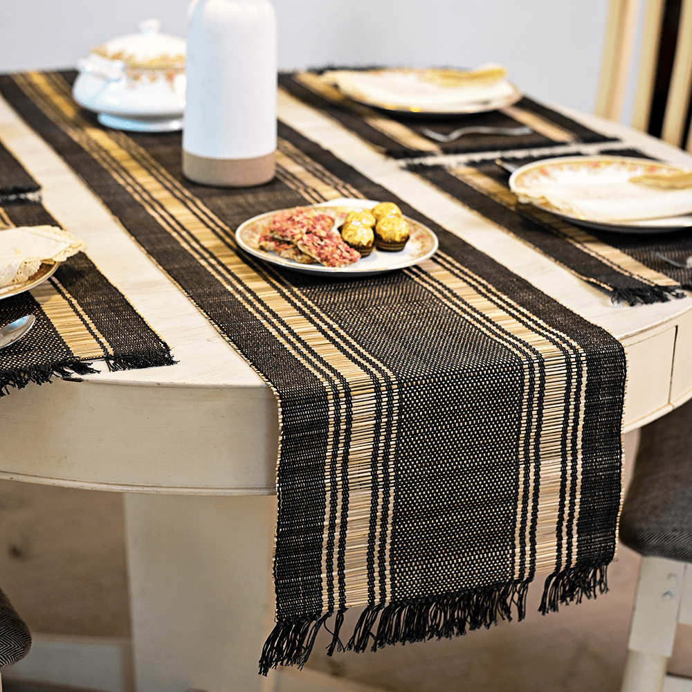 Handmade Madurkathi Table runner - Charcoal Sands - Kadam Haat
