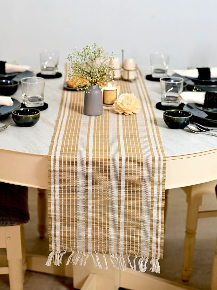 Handmade Madurkathi Table Runner - Ivory Reed - Kadam Haat