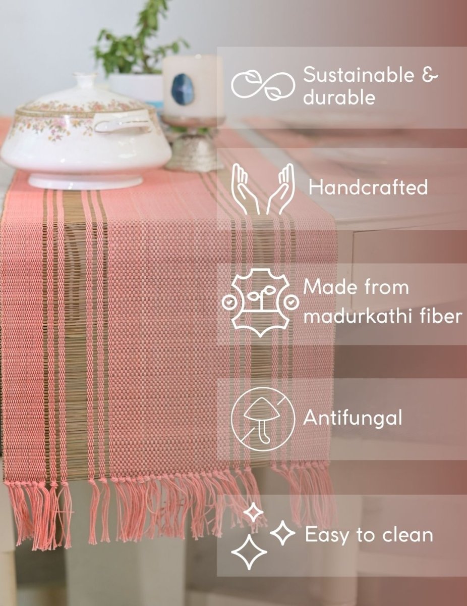 Handmade Madurkathi Table Runner - Peach - Kadam Haat