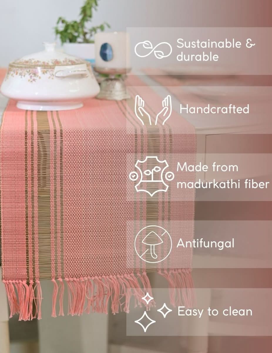 Handmade Madurkathi Table Runner - Peach - Kadam Haat