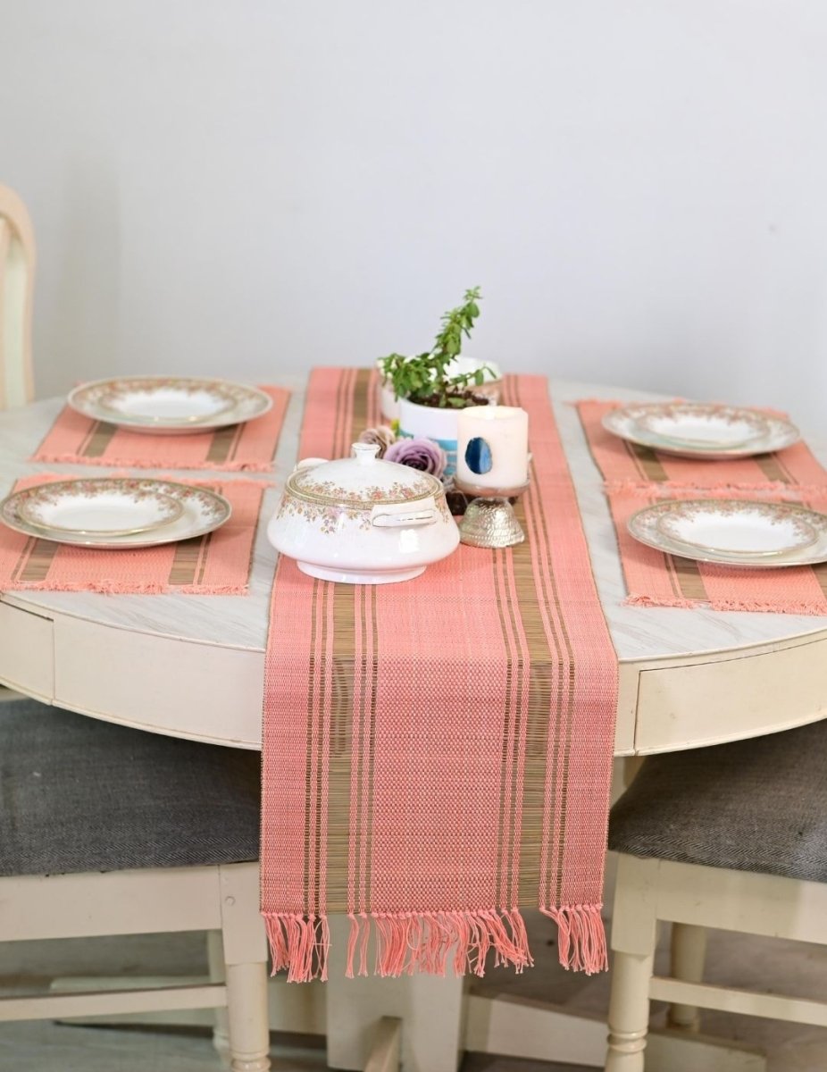Handmade Madurkathi Table Runner - Peach - Kadam Haat